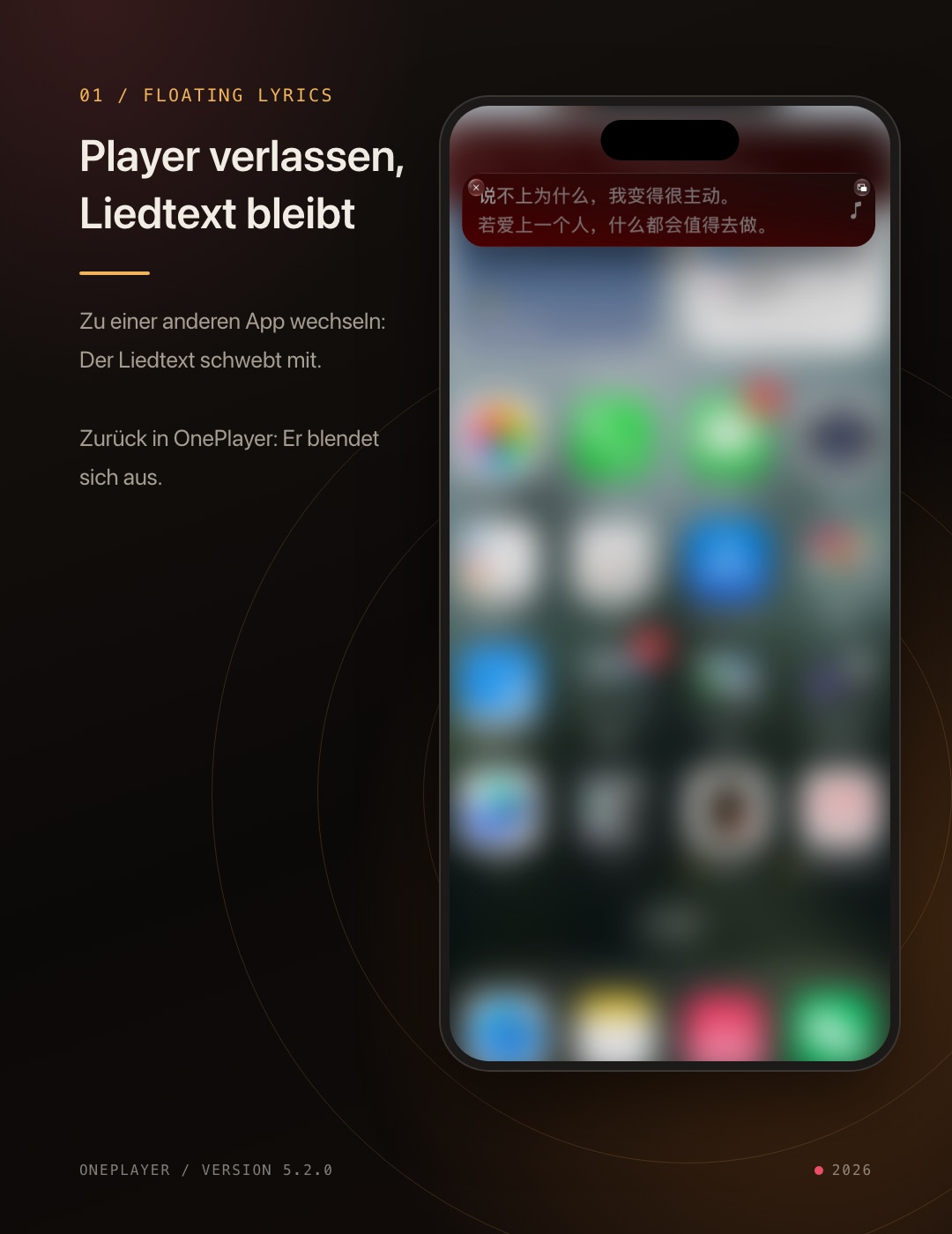 Beim Wechsel in eine andere App erscheint der Liedtext automatisch