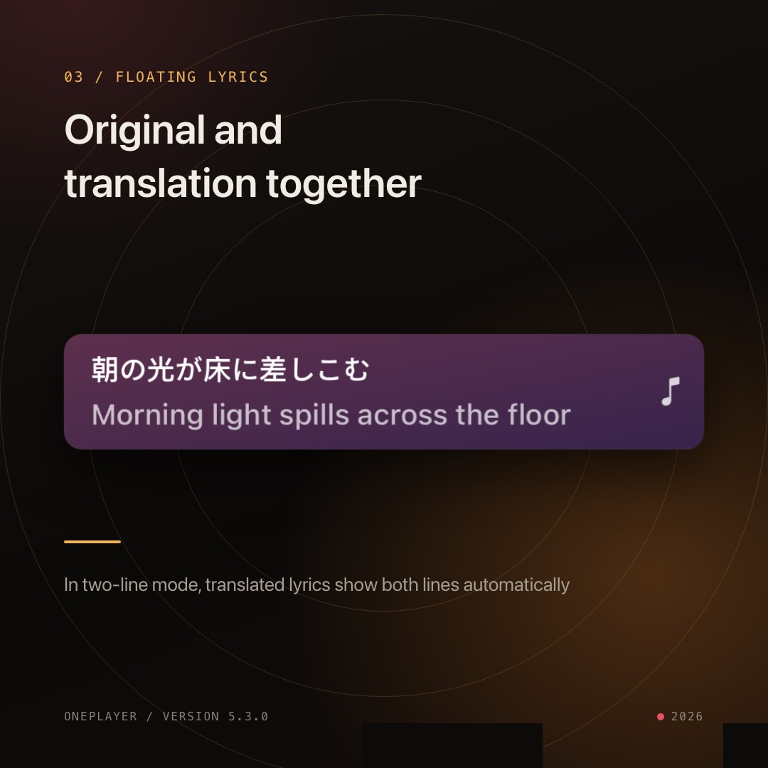Floating lyrics showing the original and the translation