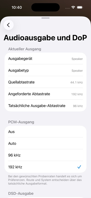 Informationen zur Abtastrate auf der Audioausgabeseite