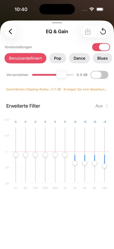 EQ- und Gain-Einstellungsseite