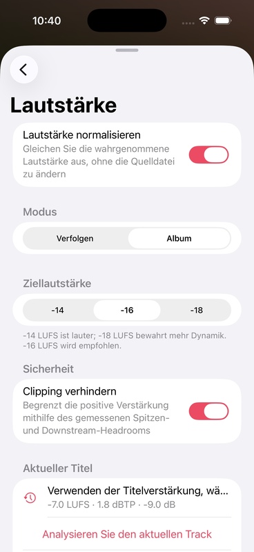 OnePlayer-Lautheitsausgleichseinstellungen
