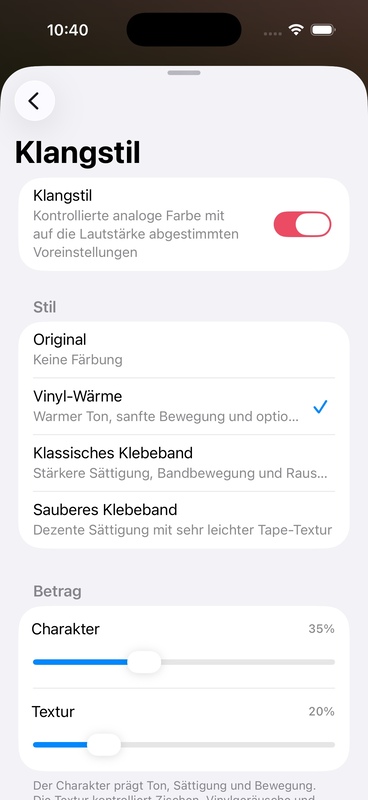 Seite zur Auswahl des Soundstils
