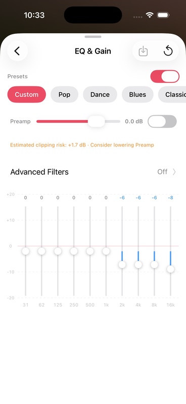 EQ and gain settings page