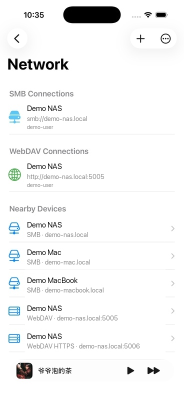 SMB and WebDAV devices discovered on LAN with hostname replaced with demo name