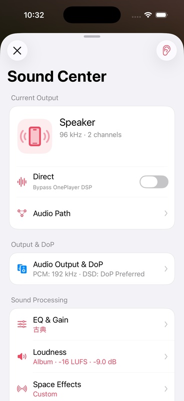 The sound center shows the calculated loudness gain