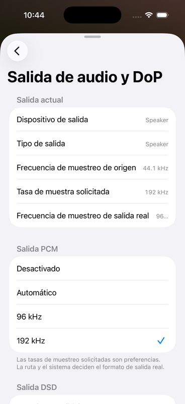 Información de frecuencia de muestreo en la página de salida de audio