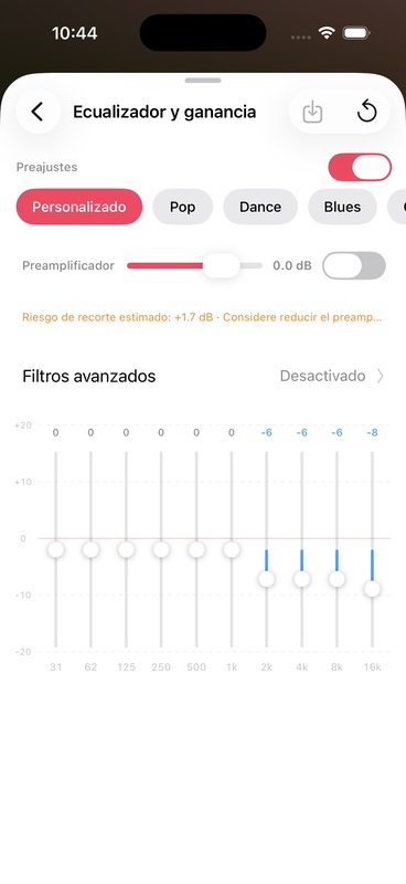 Página de configuración de ecualizador y ganancia