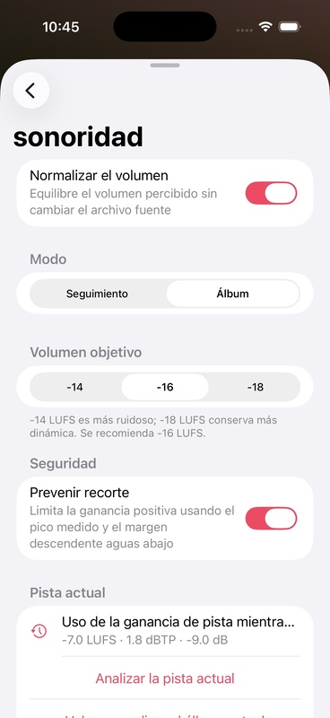 Configuración de ecualización de volumen de OnePlayer