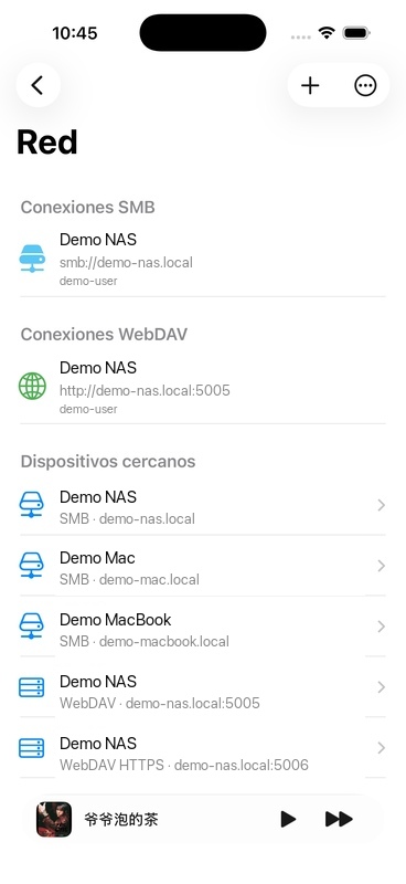 Dispositivos SMB y WebDAV descubiertos en LAN con el nombre de host reemplazado por el nombre de demostración