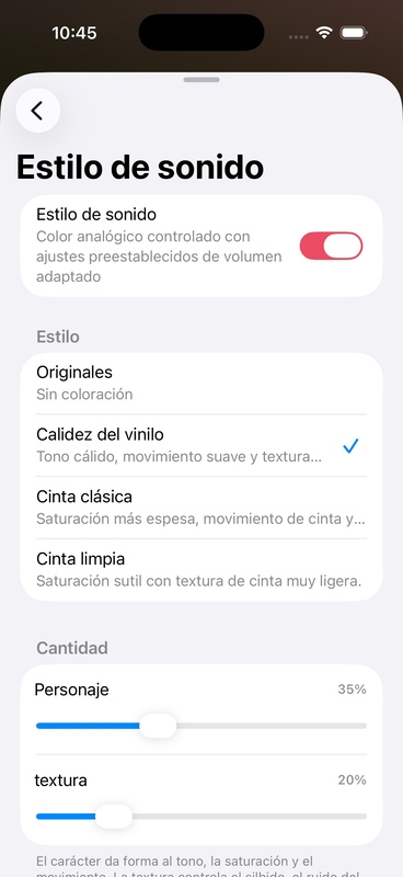 Página de selección de estilo de sonido