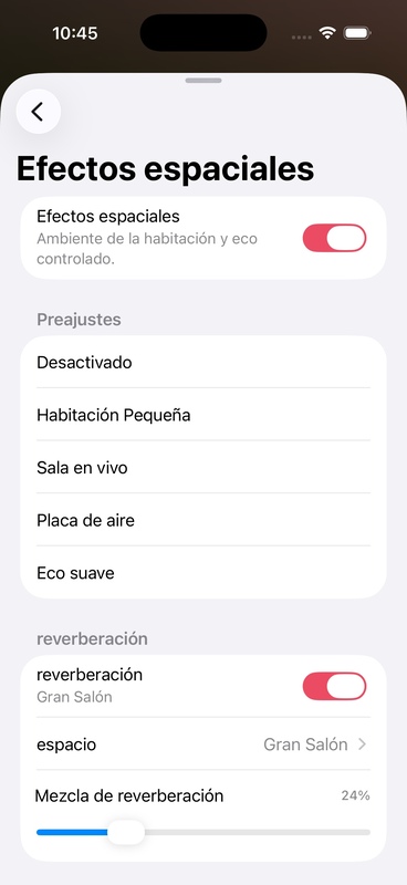Lista preestablecida de efectos espaciales