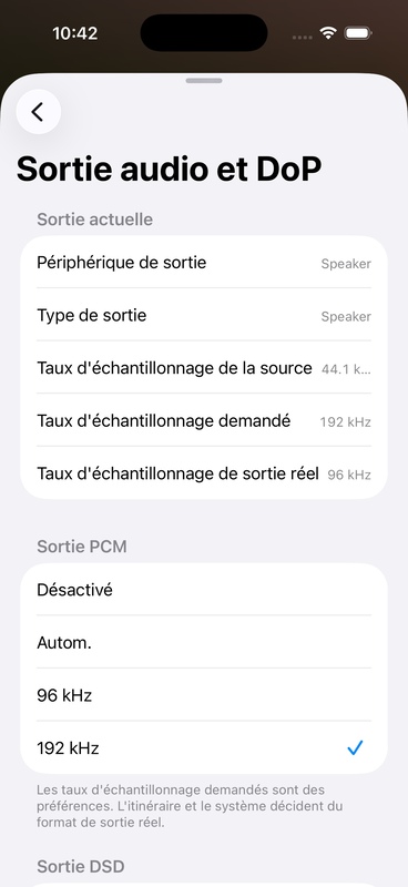 Informations sur la fréquence d'échantillonnage dans la page de sortie audio