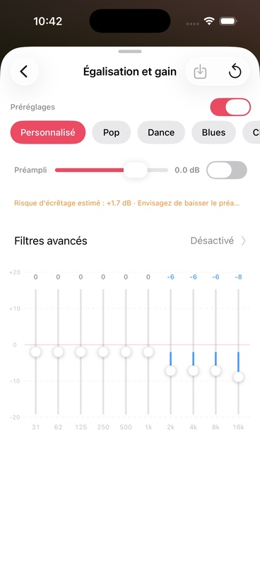 Page des paramètres d'égalisation et de gain