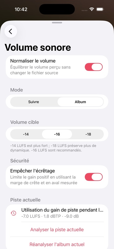 Paramètres d'égalisation du volume OnePlayer