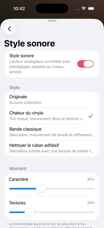 Page de sélection du style sonore