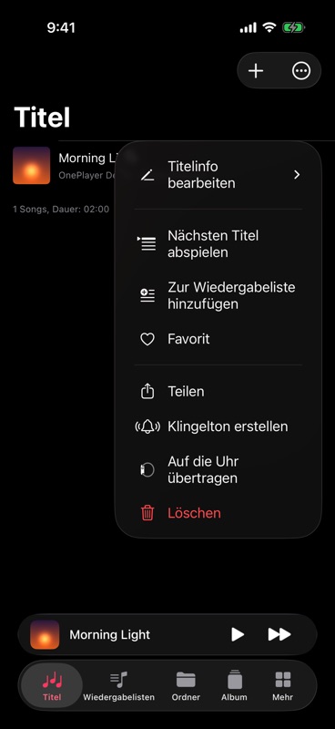 „Klingelton erstellen“ im Titelmenü