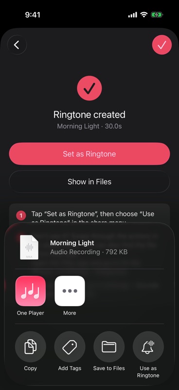 Choose Use as Ringtone in the share menu
