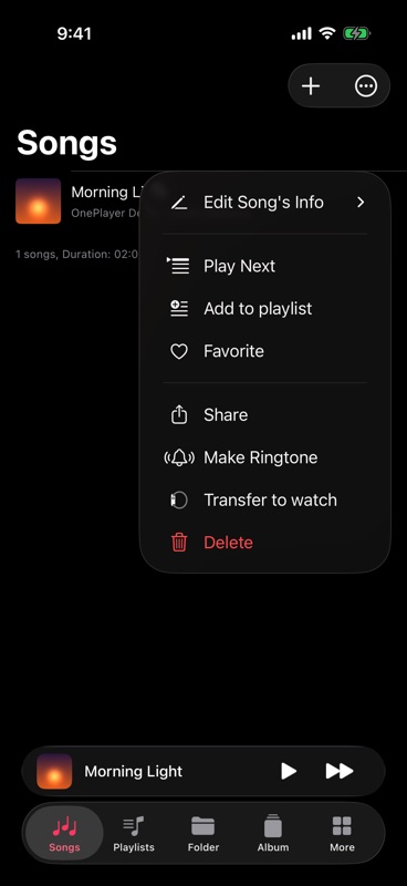 Make Ringtone in a song's menu