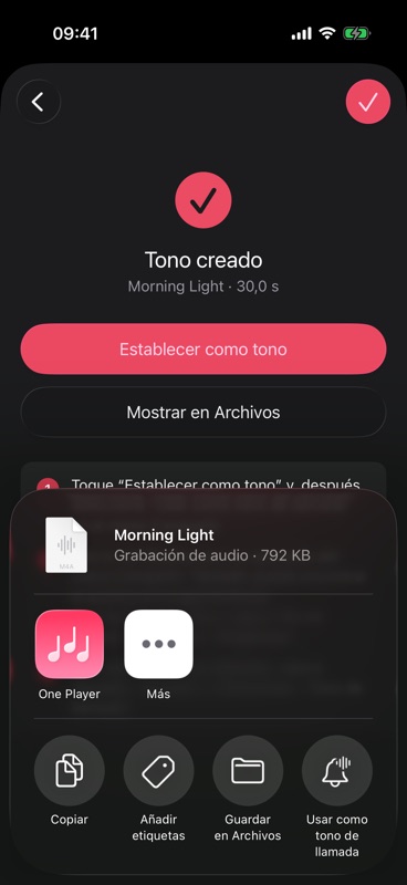 Elegir «Usar como tono de llamada» en el menú Compartir
