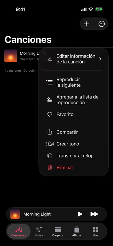 «Crear tono» en el menú de una canción