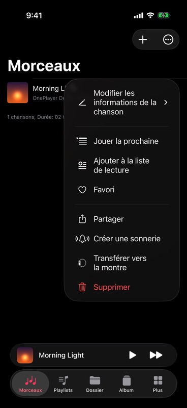 « Créer une sonnerie » dans le menu d’un morceau